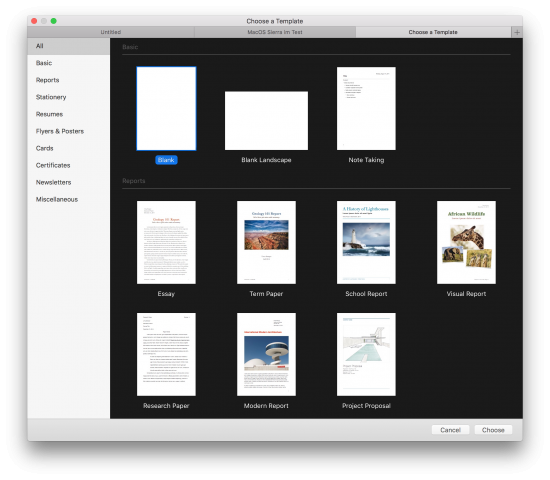 Vorlagendialog als Tab in Pages. Ein Update der Textverarbeitung war nicht notwendig. (Screenshot: Golem.de)